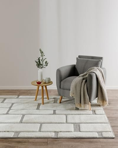 benuta Basic Teppich Elvy - Creme 250x350 cm - Abstrakter weicher Relief Wohnzimmerteppich - Leicht zu Reinigen - Strapazierfähig - Für Fußbodenheizung Geeignet