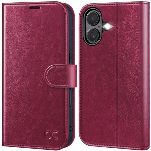 OCASE for iPhone 16 Case, PU Leather Wallet, Magnetic Flip Folio Cover with RFID Blocking, Card Holders, Shockproof TPU, and Kickstand for 6.1 Inch iPhone 16 (2024), Burgundy