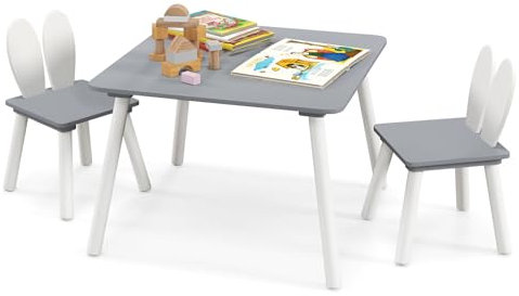 COSTWAY Kindertisch mit 2 Stühlen, 3 TLG. Kindersitzgruppe mit Massivholzbeine & Hasenohren Rückenlehne, quadratischer Spieltisch, Kindermöbel Kindersitzgarnitur für 3-6 Jahre Kinder (Grau)