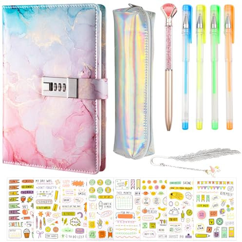 DXiongW Tagebuch mit Schloss A5 PU Leder Notizbuch mit Code Geschenke für Mädchen 6-15 jahre Geheimtagebuch mit Passwortschloss und Stift Schulsachen für Teenager Kinder Persönliche Journal Bastelset