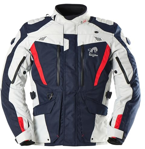 Furygan Apalaches Evo Veste Moto Homme Toutes Saisons Imperméable, Respirante Protections D3O Doublure Thermique Amovible 12 Poches, Bleu-Perle-Rouge, 3XL