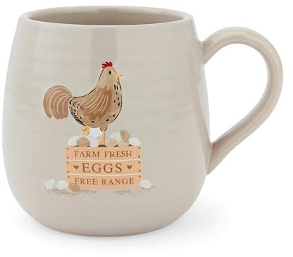 Cooksmart Hen House Lane Beige Belly Mug | Farmhouse Stoneware Coffee Cup | Ribbed & Embossed Hen Design | Rustic Tea Mug for Home & Kitchen | Dishwasher & Microwave Safe | 400ml