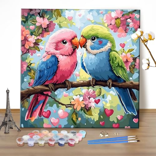 MEIYUDA Pintar por Numeros Adultos Pareja Pájaros, Cuadros por Numeros Pigmento Acrílico, DIY Pintura por Numeros Kit Manualidades Adultos, Decoración para el Hogar Regalo de pared 40x40cm(sin marco)