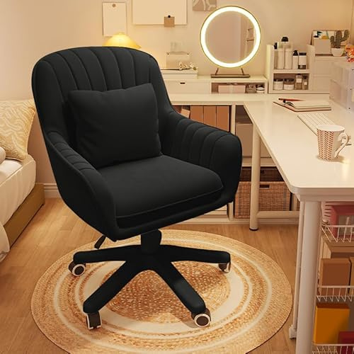XUEGW Home Office Chair Computer Chair with Mid-Back Upholstered Modern Tufted Computer Task Chair Swivel Height Adjustable Velvet Accent Chair(Black).