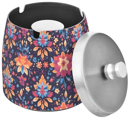 Aschenbecher mit Deckel, bunt, Mandala-Blumen, klassisches Design, Aschenbecher, groß, unzerbrechlich, für Zuhause, Garten, Büro, Raucher, Damen, Herren