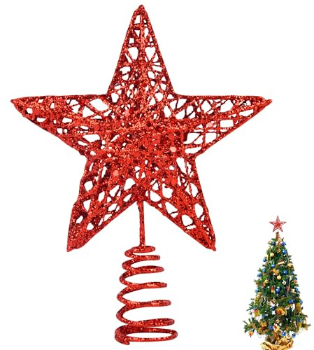KEYIDO Red Small Christmas Tree Topper Mini Star for Christmas Tree Metal Xmas Small Star for Top of Christmas Tree Decorations Width 12cm/5Inch High 15cm/6Inch