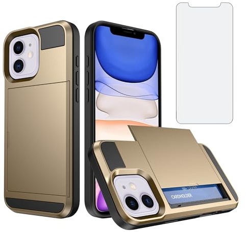 Asuwish Phone Case for iPhone 11 6.1 with Tempered Glass Screen Protector Cover and Card Holder Hybrid Full Body Protective Shockproof Cell Accessories iphone11case iPhone11 i Phone11 11s XI 11R Gold