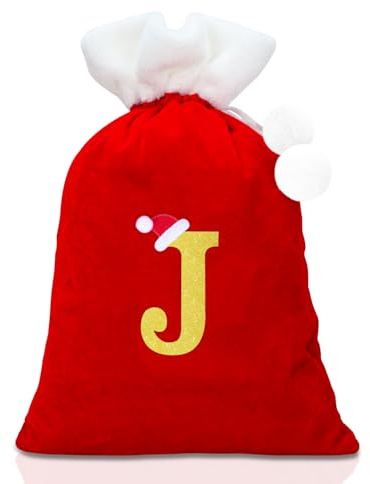 Alederways Christmas Sack Santa Bags, Red Monogram Knitted Storage Personalized Embroidered Stocking Bag for Xmas Gift Present Party Decorations 55x37cm (J, Sack)
