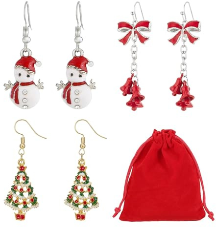 Weihnachten Ohrstecker Set, 3 Paar Ohrringe Weihnachte mit roten Samtbeuteln, Weihnachtsbaum/Schneemann/Bogenförmige Glocken-Ohrringe, Weihnachtsschmuck für Mädchen und Frauen