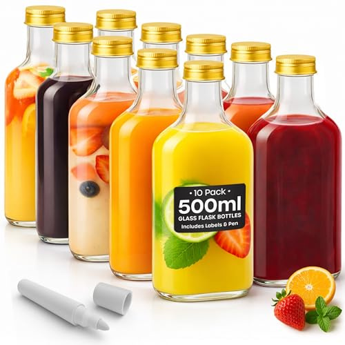 500ml Glass Flask Bottles with Gold Screw Caps, Labels and Pen - 10 Pack Reusable Empty Glass Bottles for Sloe Gin, Liqueur or Homemade Vinegar