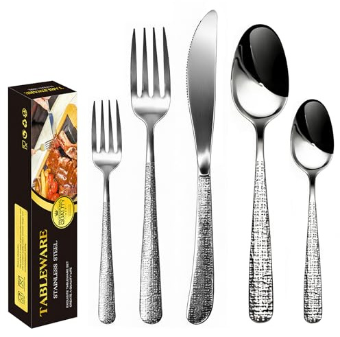 Premium Besteck Set 5-teilig aus 304 Edelstahl – Handgehämmertes Design Essbesteck mit Messer, Gabeln & Löffeln – Hochglanzpoliert, Spülmaschinenfest, Geschenkbox