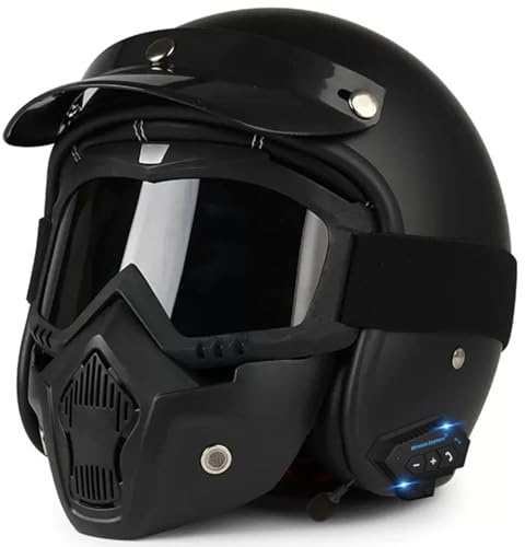 Retro Jet Bluetooth Motorrad Helm Mit Schutzbrille Offenem Roller Halbschale DOTECE-Zulassung Jethelm Scooter-Helm für Erwachsene Männer und Frauen Oldtimer Motorrad Mopedhelm 10,L=59~60CM