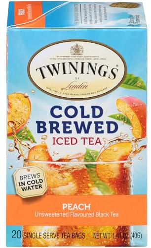 Twinings Cold Brewed Iced Tea Bags, Peach - Ready in 5 Minutes, Flavoured Black Tea Cold Brew Bags, Caffeinated, Unsweetened, 20 Count