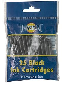 25 x Universal Jet Black Ink Cartridge Fountain Pen Standard Refills