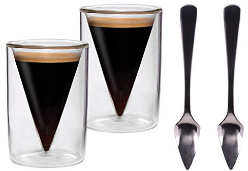 Feelino Tazas de Cafe para Espresso, Juego de 2 Tazas Espresso de Doble Pared 70 ml Diseño Pirámide y Cucharas, Taza Cafe, Vasos Cafe Cristal, Taza de Café Italiano Lavavajillas