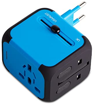 Milool Adaptador Enchufe de Viaje Universal Enchufe Adaptador Internacional con Dos Puertos USB para US EU UK AU Acerca de 150 Países y Seguridad de Fusibles para Tableta PC,Smartphones Cámara(Azul