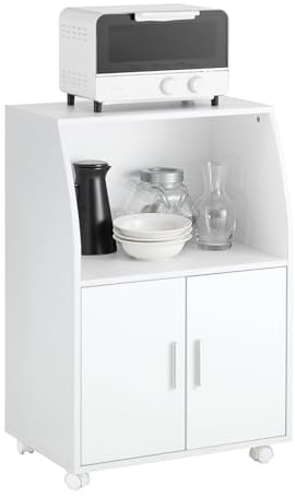 SoBuy Carrito Cocina Blanco con Ruedas – Mueble Auxiliar con Puertas y Estante Ajustable – Carro de Cocina Compacto para Almacenaje en Oficina o Comedor, 92x59x40cm FRG241-W