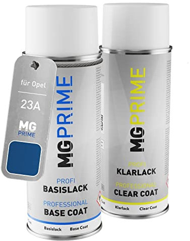 MG PRIME Vernice per auto Kit di bombolette a spruzzo per Opel 23A / G7I Aegean Blue/Indigo Blau Bomboletta spray da 400ml di vernice di base vernice trasparente
