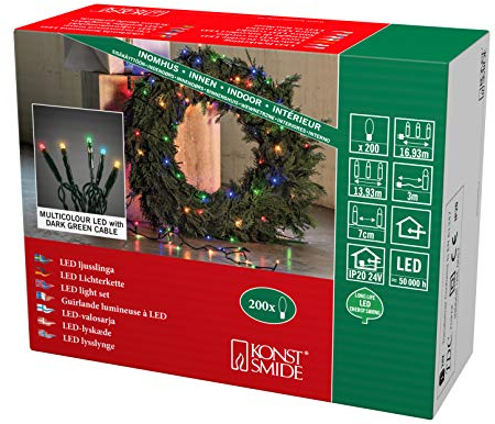 Konstsmide Micro LED Lichterkette, verschweißt, 200 bunte Dioden, 24V Innentrafo, dunkelgrünes Kabel - 6355-520
