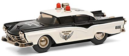 Schuco Micro Racer Fairlane Police, 1045/1, Modellauto mit Rundumleuchten und Lautsprecher auf Dach, Die-cast mit Aufziehmotor, schwarz/Weiss, geschlossener Karton mit Schiebehülle