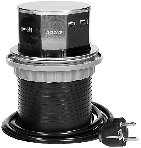 ORNO OR-AE-1381(GS) Versenkbare Einbau Steckdosenleiste 3-Fach + 2X USB 3680W, Ø10cm