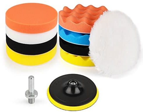 Kshineni Kit Lucidatrici Auto, 150mm 11Pezzi Kit di Spugne Lucidanti con Adattatore per Trapano e Cuscinetti per Ceretta in Lana, Set di Tamponi per Lucidatura per Auto, Lucidatrice e Ceretta