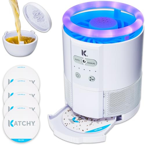 Katchy Duo Piège à insectes d'intérieur avec capsule parfumée - Alimenté par ventilateur avec lumière UV - Piège à mouches à fruits pour l'intérieur - pour mouches des fruits, moucherons, moustiques,