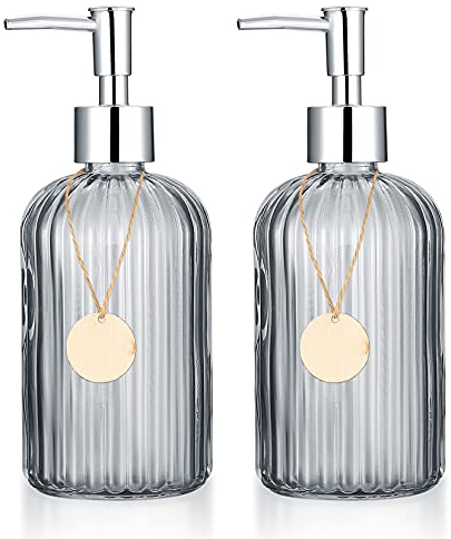 通用 2 Pcs, 14 Oz Hand Glass Jar Liquid, Refillable Soap Pump Bottle Dispensers for Bathroom, Kitchen, Countertop, Laundry Room-Transparent, 1