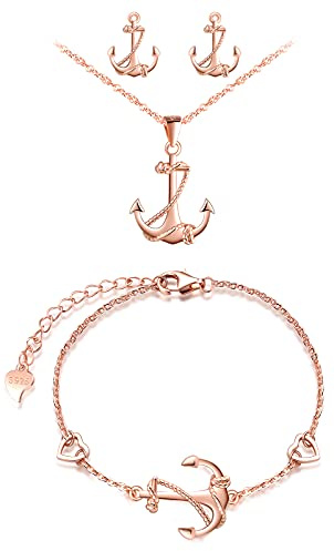 MicVivien 925 Sterling Silber Damen Kette Anker Anhänger Halskette, Anker Ohrstecker Ohrringe Rosegold, Anker Armkette Armband, Damen Schmuckset für Frauen Mädchen Mutter Freundin