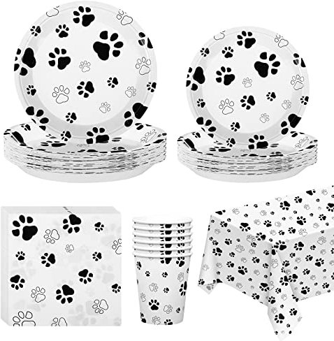 durony 159 Pieces Dog Paw Print Party Supplies Set Including 108 x 54 Inches Tablecloth 9 OZ Cups Plates and Napkins for Birthday, Baby Shower Theme Party Decorations