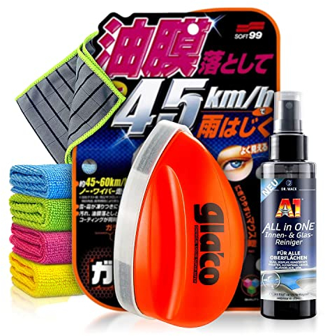 Auto Scheibenversiegelung Set: Soft99 Glaco Q (75ml) + Glasreiniger (100ml) - Glas Reinigung & Versiegelung für extrem glatte Autoscheiben, Dusche & Fenster - 2in1 Glasversiegelung | 6-teiliges Set