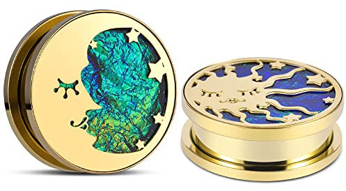 ERKUOO 2PCS Ohrmessgeräte Sun Moon Schraube Ohrtunnel Stöpsel Fleisch Tragbahren Piercing Ohrringe Kleiderbügel Expander 10mm