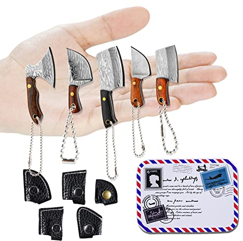 NAESM 5 Pcs Mini Taschenmesser Set, EDC Messer Set, Damaskus Chef Messer Schlüsselanhänger, für Dekoration Schnalle und Express Schneiden Scharfes Werkzeug Verwendet