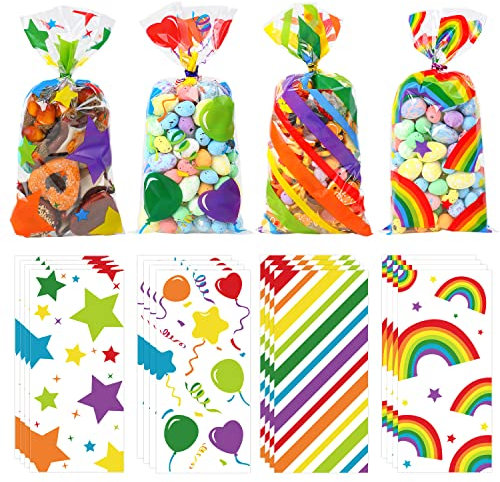 VEYLIN 120 Pcs Rainbow Cellophane Party Bags with 150 multicolor Twist Ties 4 Patterns, Clear Sweets Bags Cellophane Treat Bags Prefect for Birthday Wedding, Baby Shower, Party Supplies, 13 x 27 cm