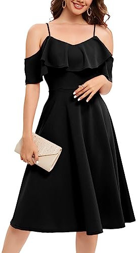 Bbonlinedress Robe de Soirée Cocktail Chic pour Baptême Cérémonie Bal Mariage Mi-Longue avec Bretelles Black S