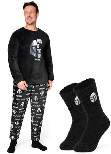 Disney The Mandalorian Mens Pyjamas Set with Fluffy Socks - Fleece Long PJs Lounge Set for Men Teenagers Gifts for Him (Black, 2XL)