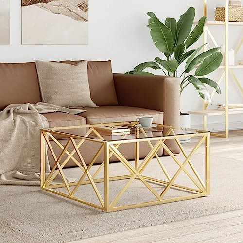 ADWOA Couchtisch 80x80x40 cm Edelstahl und Glas Couchtisch Holz Wohnzimmertisch Klein