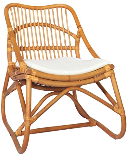Makastle Rattan-Sessel mit Holzbeinen, Rattansessel Esszimmerstuhl Küchenstuhl Lesestuhl, Hellbraun Leinen