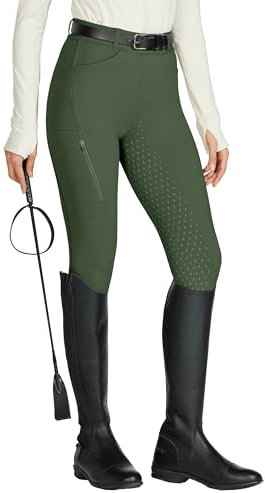 WILLIT Reitleggings Damen Reithose Silikon Vollbesatz High Waist Stretch Reithose mit Reißverschlusstasche Gürtelschlaufen Armeegrün M