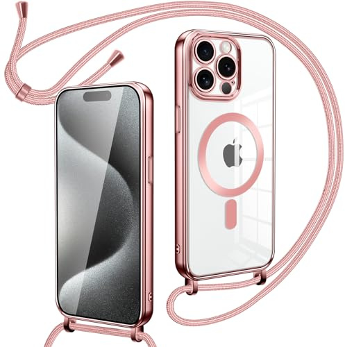 Oelrstfe Cover Trasparente con Cordino per iPhone 15 Pro con Magnetico, Custodia Sottile Morbido Silicone con Laccio Collana Tracolla Regolabile Antiurto Case con Collana per iPhone 15 Pro - Rose-Gold