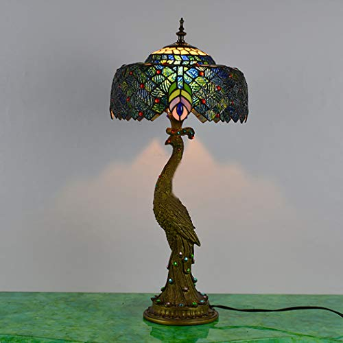 AIBOTY Pfauen-Tischlampe Tiffany-Desktop-Lampe Tischleuchten Mit Retro-Harz-Pfauensockel Buntglas-Pfauenschirm Für Wohnzimmer-Schlafzimmer-Dekorationslichter