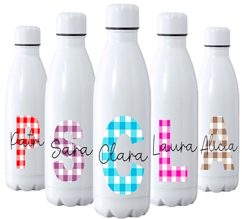 Botella agua personalizada con inicial y nombre, estampado vichy, regalo ideal dia de la madre, regalo profesora, botella acero inoxidable
