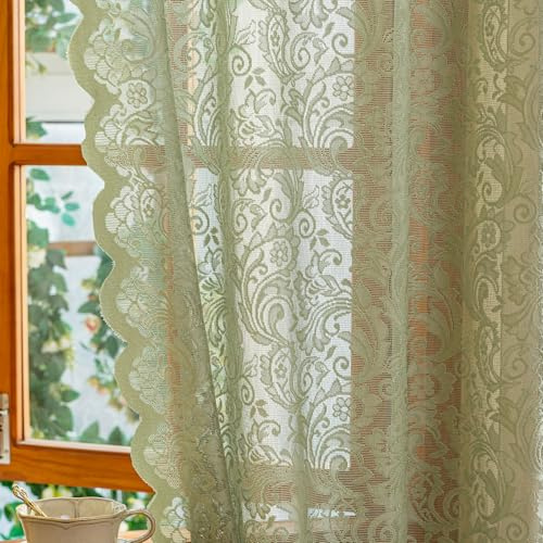 Aligogo, Spitzenvorhänge in Salbeigrün, Boho-Blumenmuster, Kurzgardinen für kleine Fenster, Vintage-Stil, Sichtschutz, Muschelkanten, Frühlings- und Sommerdeko fürs Zuhause, 132 x 114 cm, Hellgrün