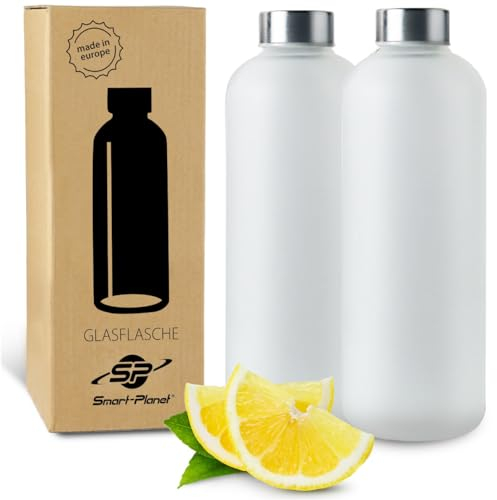 Smart-Planet 2er SET hochwertige Glas 1L Trinkflaschen Milchglas - Glasflasche aus Borosilikat - 1L Glastrinkflasche mit Deckel - Frosted Glass