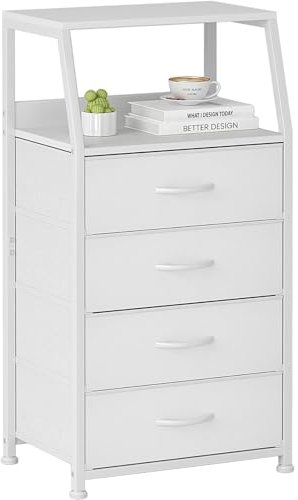 Nachttisch mit 4 Schubladen, Weiß Kommode, Metallrahmen 2-Tier Beistelltisch, Holz Klein Nachtkommode, Mini Couchtisch Stoff Nachttische Schubladenschrank für Wohnzimmer, Schlafzimmer, Kinderzimmer