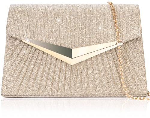 Larcenciel Damen Clutches, Glitzer Tasche mit Abnehmbarer Kette, Elegant Handtasche Pailletten Crossbody Abendtasche für Bride, Trapezförmige Schultertasche für Hochzeit Party(21x5x13cm, Champagner