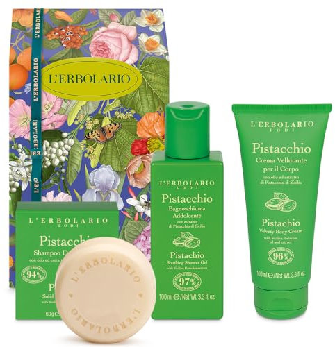 L' Erbolario - Confezione Regalo PISTACCHIO TRIO - In Scatola Originale - 1 Bagnoschiuma da 100 ml + 1 Crema Corpo Vellutante da 100 ml + 1 Shampoo Solido da 60 gr