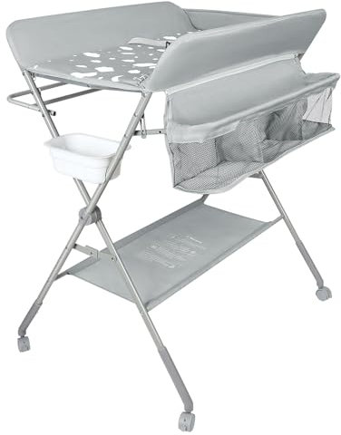 mobiler Wickeltisch mit Wickelaufsatz, Wickelkommode klappbar höhenverstellbar, Wickelkombi mit Sicherheitsgurt Aufbewahrungskorb Kleiderstange-80 * 58 * 90 cm-hellgrau