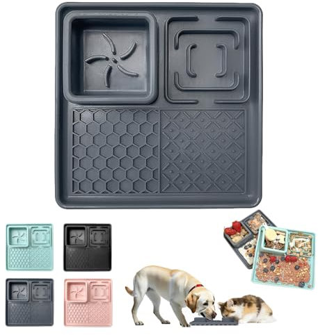 MORAINJAY Licky Mats for Dogs&Cats,3 in 1 Pet Slow Feeder Bowl with Suction Cups,Grey 20x20cm Lick Mats,Slow Feeder,Water Bowl,Anti-Spill Edge,Anti-Slip,Anxiety Relief Dog Toys Pet Food Mat