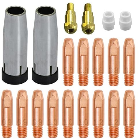 ZFKXGS 20PZ Accessori per Saldatura a Filo a Gas di Protezione Parti Usurate Kit 10 Ugello Saldatrice Filo 0,8 0,9 1,0 1,2MM 2 Ugelli per Gas 2 Porta Punte Diffusore per Consumabili Torcia MB24KD MIG